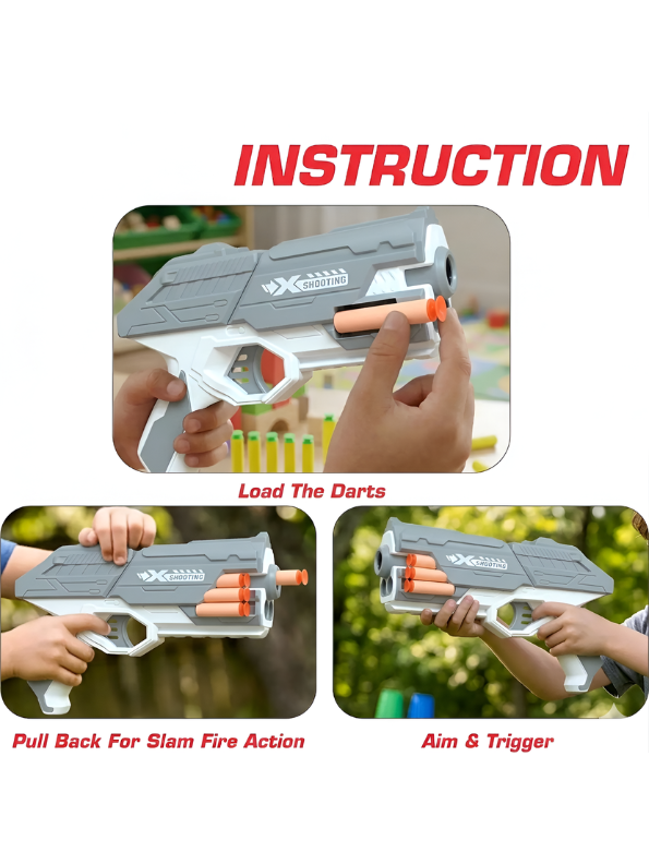 Soft Bullet Toy Gun Grey - Kids Foam Dart Blaster Pistol with 4 Suction Cup Darts & Ammo Storage, Pull-Back Action High-Speed Shooting Blaster Gun Toy for Kids LMI14922