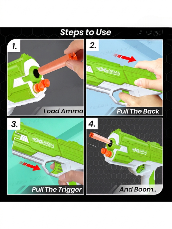 Soft Bullet Toy Gun Green - Kids Foam Dart Blaster Pistol with 4 Suction Cup Darts & Ammo Storage, Pull-Back Action High-Speed Shooting Blaster Gun Toy for Kids LMI14922