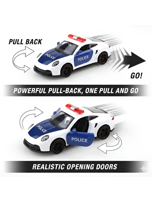1:43 Scale Die-Cast Police Supercar Toy Set - Pull Back Model Cars with Openable Doors & Sirens - Set of 4 Sports Police Vehicles for Kids, Boys & Collectors TV1470
