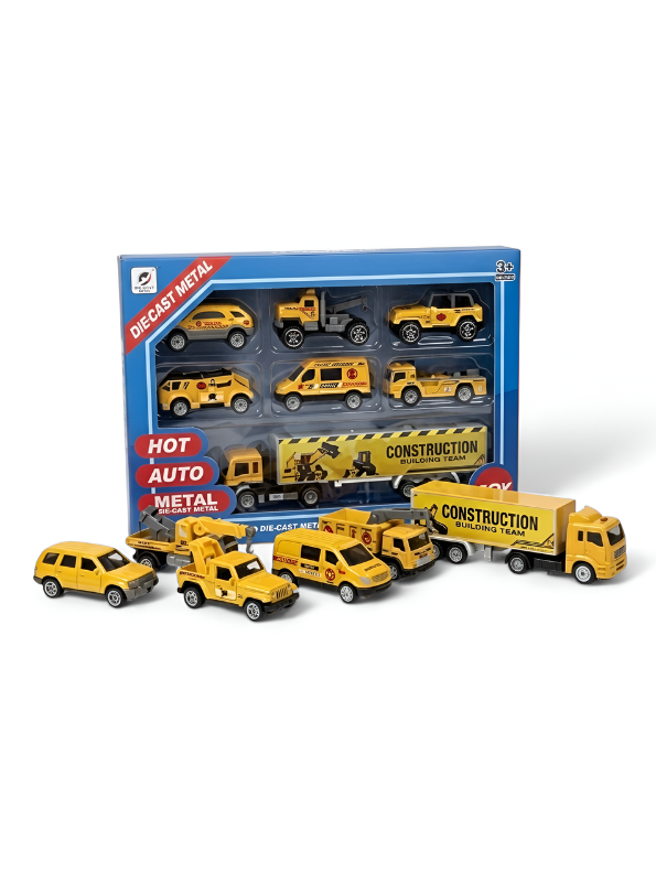 Die-Cast Metal Construction Vehicle Toy Set - 7-Piece Engineering Play Set with Semi-Truck, Excavator, Crane, and SUV - Durable Alloy Miniature Cars for Kids & Toddlers Ages 5+ TV5695