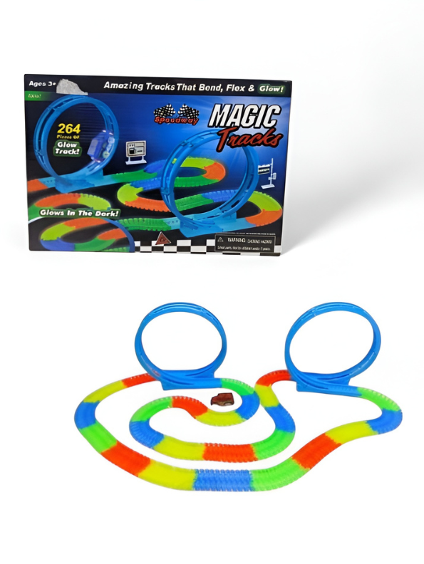 Magic Tracks 264-Piece Speedway Glow in the Dark Race Track Set – Flexible Bendable Track with 2 Mega Loops and LED Toy Car – STEM Building Toy for Kids Ages 3+ TV2270