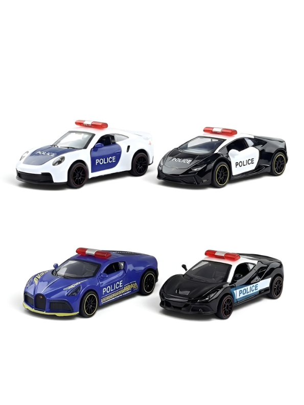 1:43 Scale Die-Cast Police Supercar Toy Set - Pull Back Model Cars with Openable Doors & Sirens - Set of 4 Sports Police Vehicles for Kids, Boys & Collectors TV1470