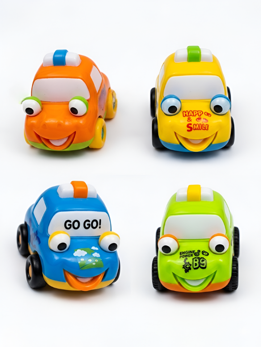 Set of 4 Friction Powered Cartoon Toy Cars for Toddlers – Colorful Push-and-Go Vehicles with Happy Expressions and Sound Effects – Early Educational Development Toys for Boys & Girls Ages 1-3 TV2740