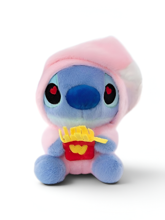 Stitch Plush in Pink Hoodie with French Fries - Kawaii Heart-Eye Anime Stuffed Animal, Soft 8-Inch Cartoon Figure Toy for Kids & Fans ST16393