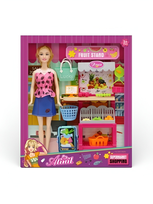 Atinil 11.5-inch Fashion Doll Grocery Store Set - Fruit Stand Playset with Miniature Food Accessories, Shopping Cart, and Stylish Outfit - Educational Roleplay Toy for Kids NX12579