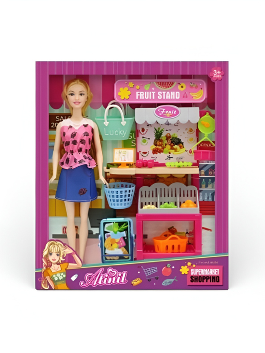 Atinil 11.5-inch Fashion Doll Grocery Store Set - Fruit Stand Playset with Miniature Food Accessories, Shopping Cart, and Stylish Outfit - Educational Roleplay Toy for Kids NX12579