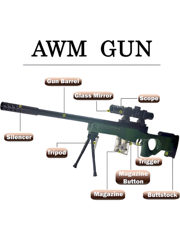 AWM Sniper Rifle Toy Gun with Scope, Bipod Stand & Soft Bullets – Military Style Action Toy Gun.