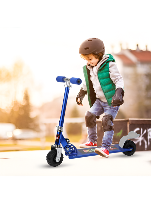 Adjustable Height Folding Kick Scooter for Kids & Teens, Portable Outdoor Scooter with Rear Brake and Durable Wheels - Blue LMI9255