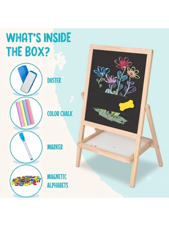 Adjustable Wooden Art Easel for Kids – Double-Sided Magnetic Drawing Board & Chalkboard with Storage Tray and Educational Accessories Set TV7046