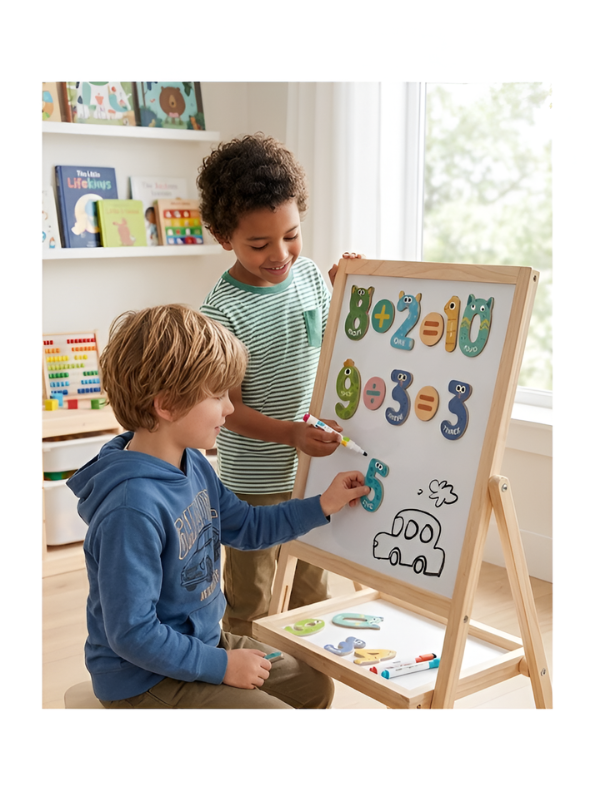 Adjustable Wooden Drawing Board for Kids – Multi-Functional Double-Sided Magnetic Learning Easel with Counting Numbers for Preschoolers, Early Skill Development & Creative Doodling TV7046
