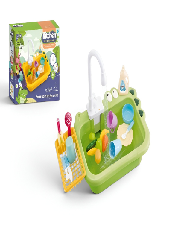 Alligator Kitchen Sink Toy Set with Running Water – Automatic Water Cycle System, Play Dishes, Cutlery & Play Food Accessories for Toddlers TV6552