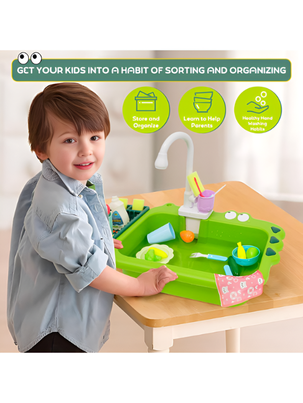 Alligator Kitchen Sink Toy Set with Running Water – Automatic Water Cycle System, Play Dishes, Cutlery & Play Food Accessories for Toddlers TV6552
