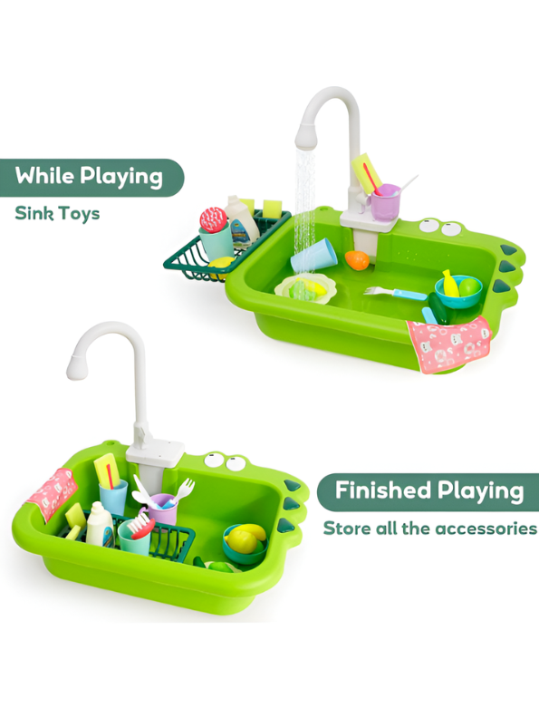 Alligator Kitchen Sink Toy Set with Running Water – Automatic Water Cycle System, Play Dishes, Cutlery & Play Food Accessories for Toddlers TV6552