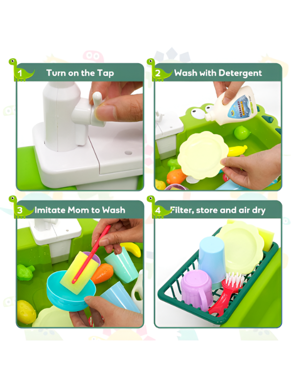 Alligator Kitchen Sink Toy Set with Running Water – Automatic Water Cycle System, Play Dishes, Cutlery & Play Food Accessories for Toddlers TV6552