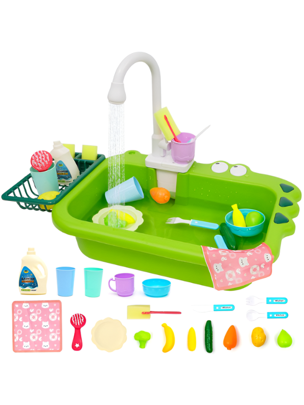 Alligator Kitchen Sink Toy Set with Running Water – Automatic Water Cycle System, Play Dishes, Cutlery & Play Food Accessories for Toddlers TV6552