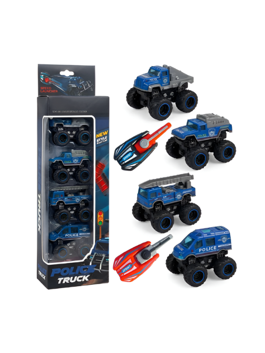 Alloy Monster Truck Pack of 4 with Police Speed Launcher – Heavy-Duty Vehicles with Inertia Drive NX16307