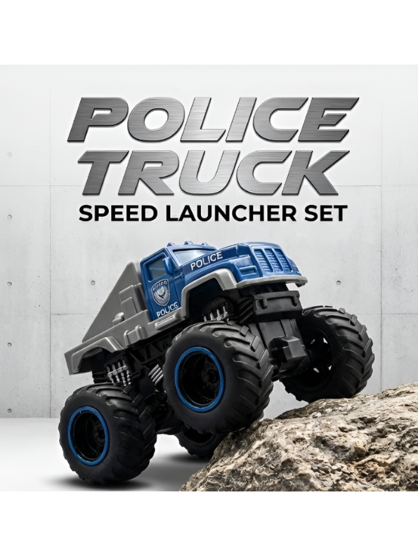 Alloy Monster Truck Pack of 4 with Police Speed Launcher – Heavy-Duty Vehicles with Inertia Drive NX16307