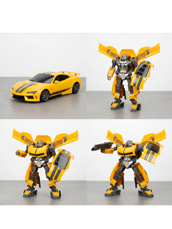 Yellow Bumblebee Transformer Action Figure - 2-in-1 Converting Sports Car to Robot Toy with Weapon Accessories - Collectible Transforming Robot for Kids & Adults LMI12609