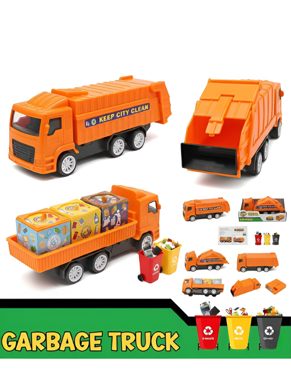 Keep City Clean 3-Pack Toy Truck Set - Orange Sanitation & Garbage Trucks with Sorting Blocks Construction Vehicles for Boys and Girls LMI13130