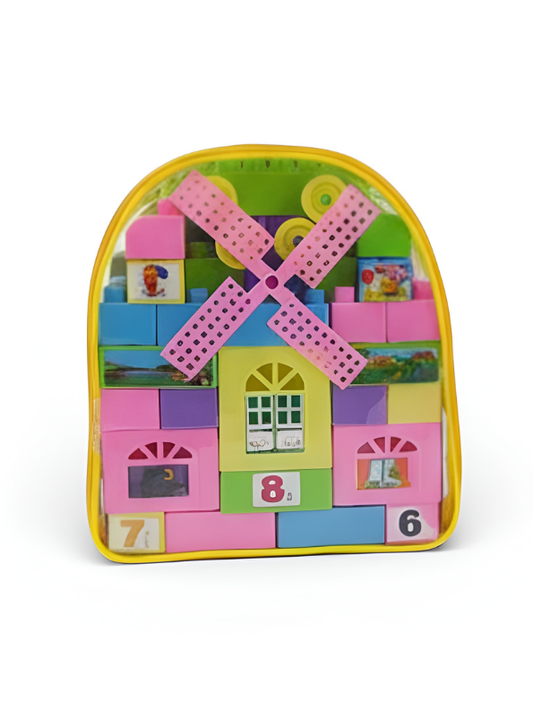 Kids Building Blocks Set in Transparent Backpack - 40+ Piece Educational Construction Toy with Windmill & House Bricks, Toddler Preschool Learning Gift for Boys & Girls LMI6688