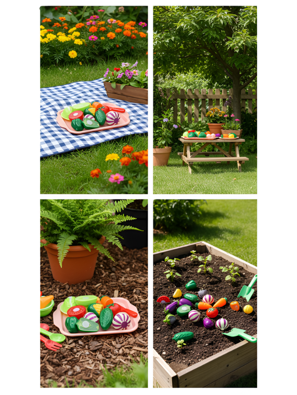 11 Piece Kids Play Food Set - Cutting Vegetables & Fruit Toys with Velcro, Plastic Knife, and Serving Tray for Toddlers LMI15136