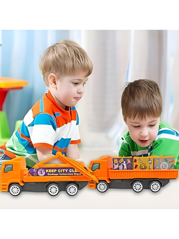 Keep City Clean 3-Pack Toy Truck Set - Orange Sanitation & Garbage Trucks with Sorting Blocks Construction Vehicles for Boys and Girls LMI13130
