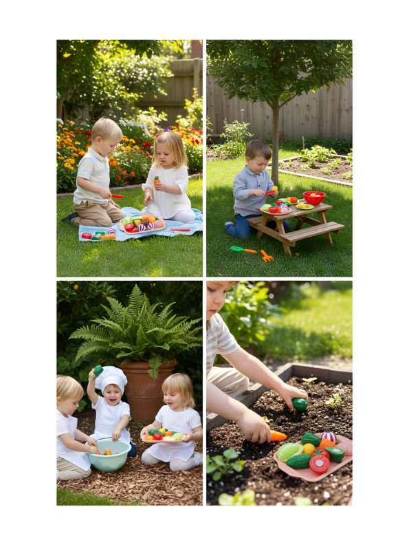 11 Piece Kids Play Food Set - Cutting Vegetables & Fruit Toys with Velcro, Plastic Knife, and Serving Tray for Toddlers LMI15136