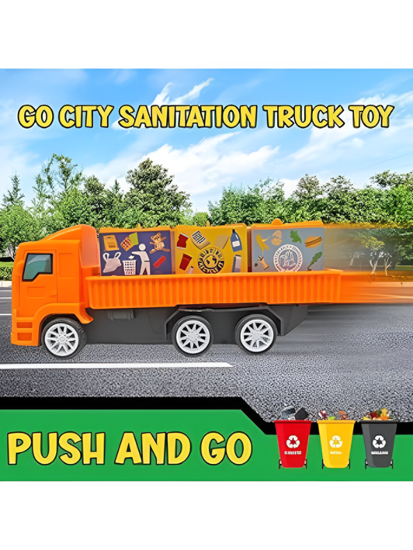 Keep City Clean 3-Pack Toy Truck Set - Orange Sanitation & Garbage Trucks with Sorting Blocks Construction Vehicles for Boys and Girls LMI13130