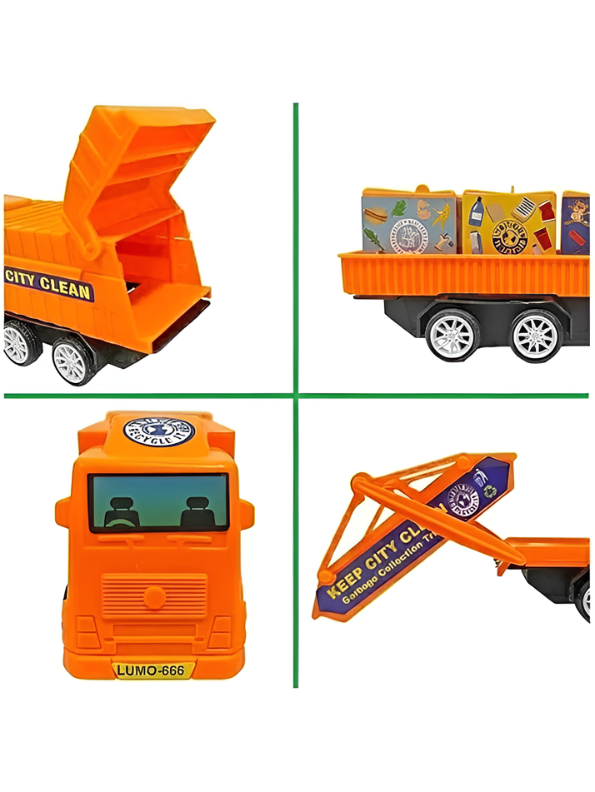 Keep City Clean 3-Pack Toy Truck Set - Orange Sanitation & Garbage Trucks with Sorting Blocks Construction Vehicles for Boys and Girls LMI13130