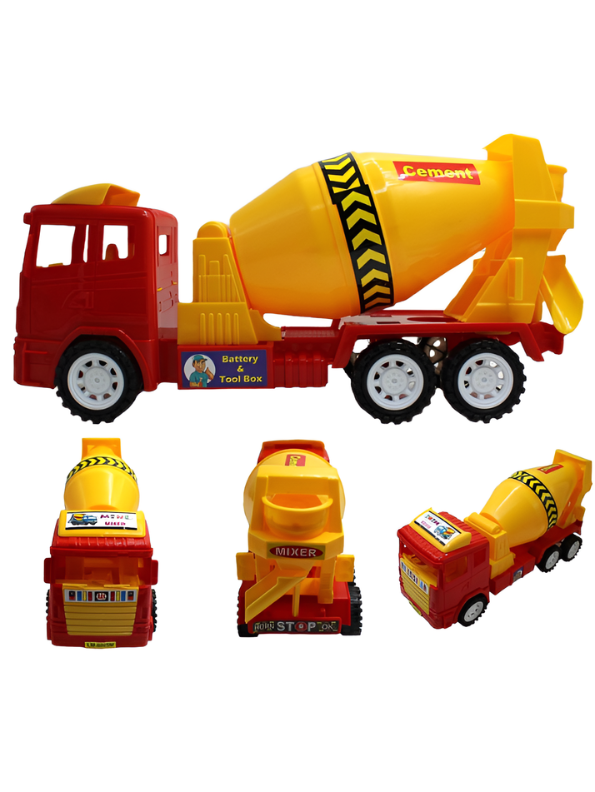 Set of 3 Cement Mixer Toy Trucks for Kids - Friction Powered Construction Vehicles in Blue, Green, and Red - Heavy Duty Plastic Sand Play Toys for Toddlers and Boys LMI7673