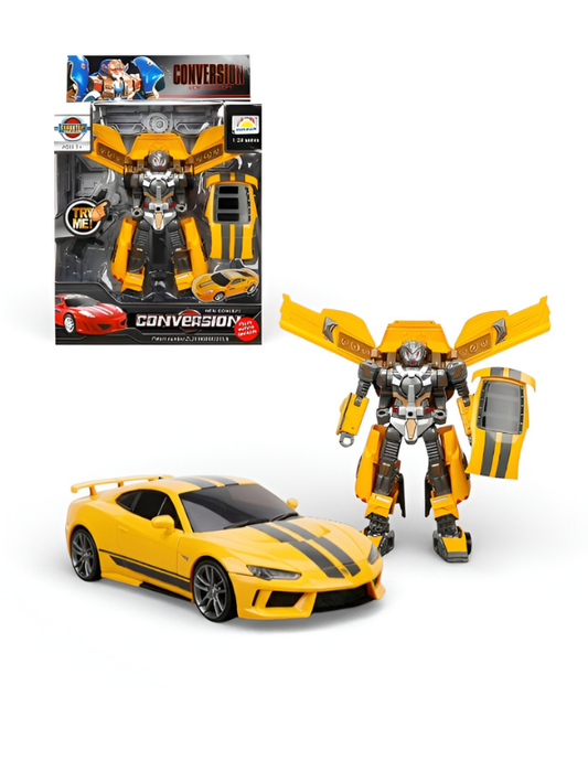 Yellow Bumblebee Transformer Action Figure - 2-in-1 Converting Sports Car to Robot Toy with Weapon Accessories - Collectible Transforming Robot for Kids & Adults LMI12609