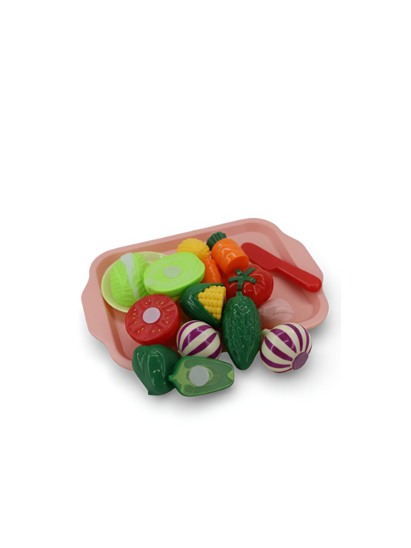 11 Piece Kids Play Food Set - Cutting Vegetables & Fruit Toys with Velcro, Plastic Knife, and Serving Tray for Toddlers LMI15136