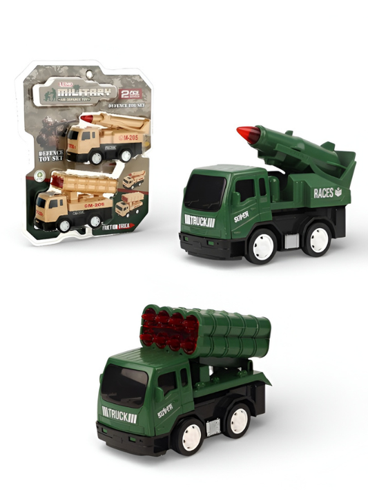 Military Defense Toy Set - 2 Pcs Green Friction Powered Rocket Launcher Trucks - Army Combat Vehicle Pretend Play Set LMI13012