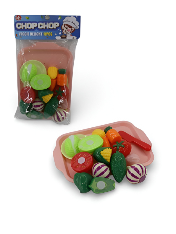 11 Piece Kids Play Food Set - Cutting Vegetables & Fruit Toys with Velcro, Plastic Knife, and Serving Tray for Toddlers LMI15136