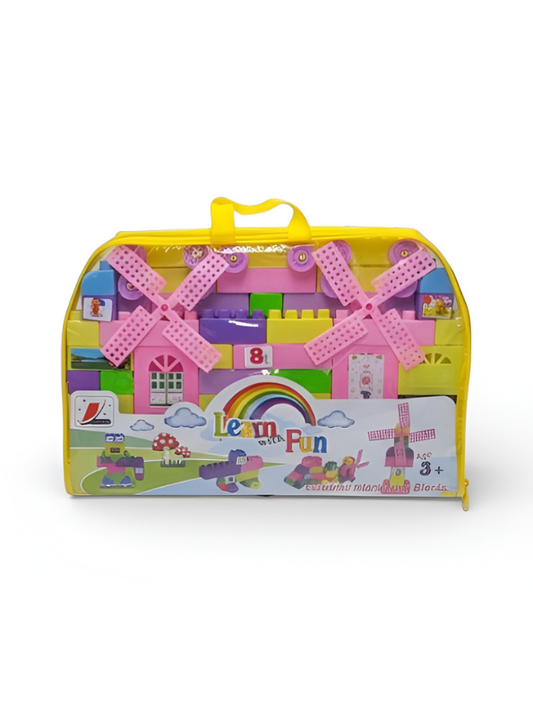 Kids Colorful Interlocking Building Blocks Set – 80+ Pieces Educational Construction Toy with Windmill & Wheels in Portable Carry Bag for Toddlers Age 3+ LMI7435