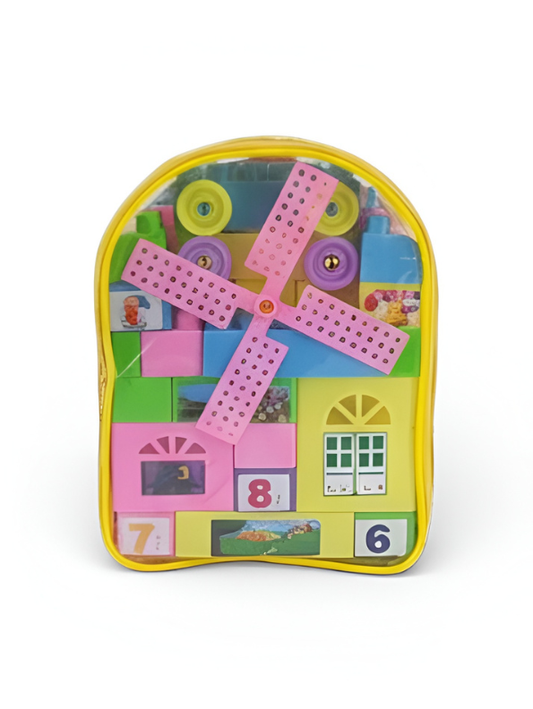 Building Blocks for Toddlers, Creative Construction Set with Numbers, Windmill, and Wheels in Yellow Carrying Bag, Educational Toy Gift for Ages 3+ LMI6668