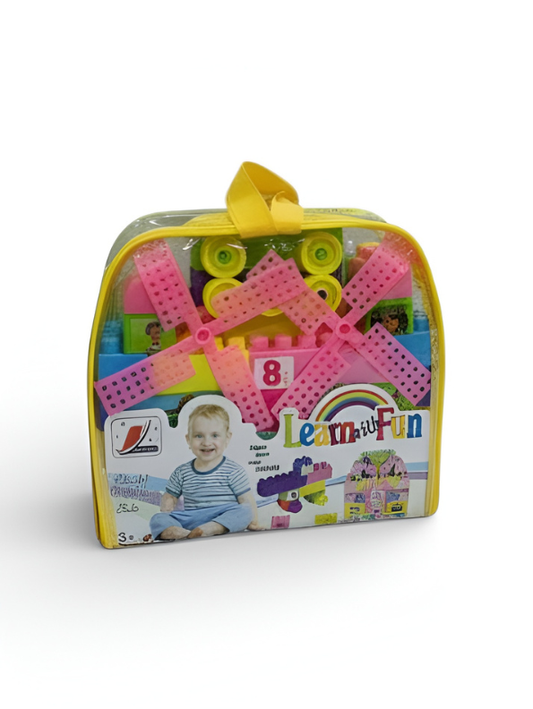 Learn & Fun Building Blocks Set with Windmill Gears – 48+ Piece Educational Construction Toy for Toddlers – Creative Interlocking Bricks in Portable Yellow Carry Case LMI7434