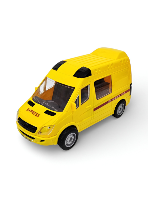 Bright Yellow Express Delivery Toy Van – Friction Powered Courier Truck with Opening Doors – Miniature Transport Vehicle for Kids LMI14412