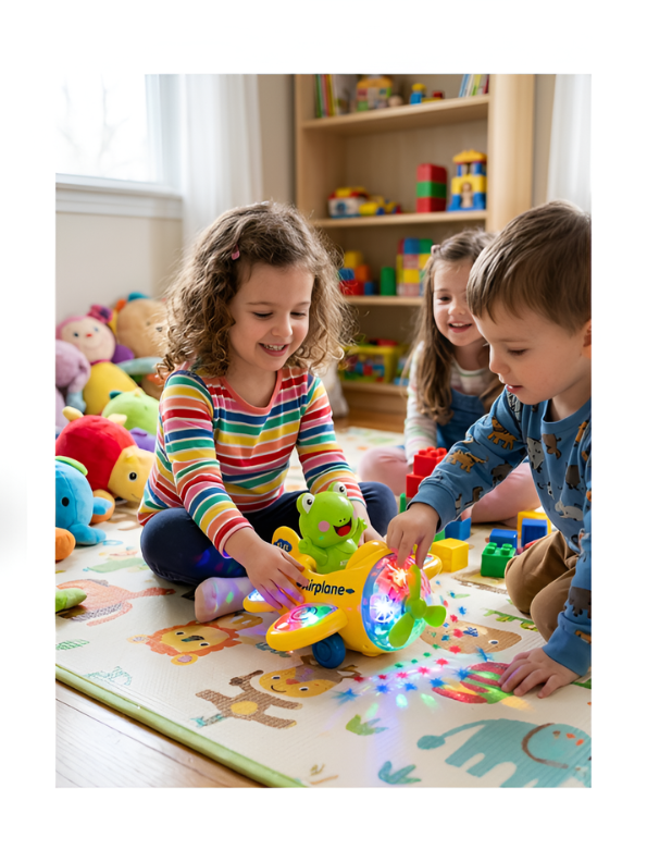Interactive Cartoon Airplane Toy for Toddlers with 3D LED Lights & Music - Battery Operated Electric Aircraft Toy for Boys & Girls - Green Frog Pilot Edition MD1758
