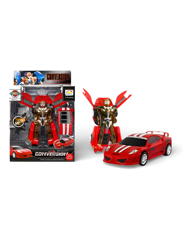 2-in-1 Transforming Robot Sports Car Toy for Kls Agids - One-Button Deformation, Red Racing Car with Racing Decals, Action Figure Toy for Boys and Gires 3+ LMI12609