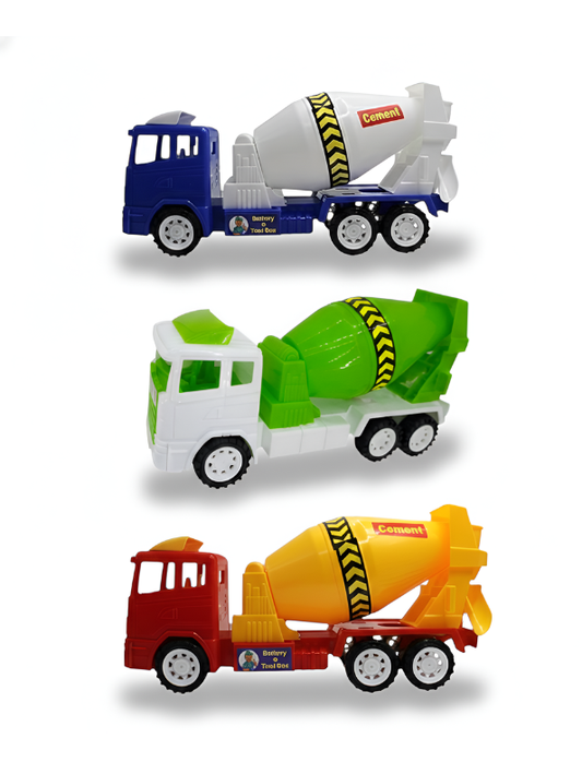Set of 3 Cement Mixer Toy Trucks for Kids - Friction Powered Construction Vehicles in Blue, Green, and Red - Heavy Duty Plastic Sand Play Toys for Toddlers and Boys LMI7673