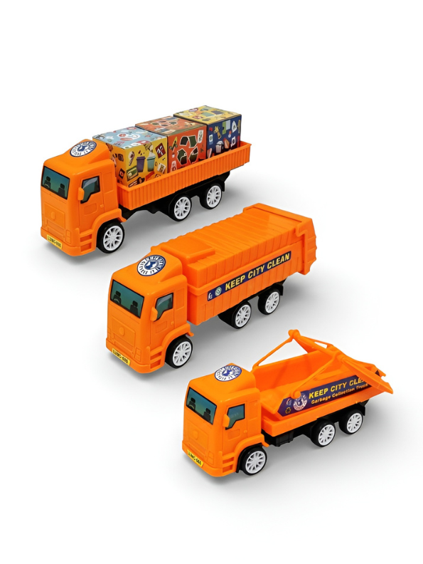 Keep City Clean 3-Pack Toy Truck Set - Orange Sanitation & Garbage Trucks with Sorting Blocks Construction Vehicles for Boys and Girls LMI13130