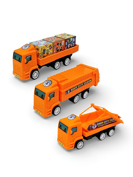 Keep City Clean 3-Pack Toy Truck Set - Orange Sanitation & Garbage Trucks with Sorting Blocks Construction Vehicles for Boys and Girls LMI13130