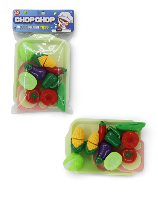 Chop Chop Veggie Delight: 11-Piece Velcro Cutting Vegetable Set with Tray & Play Knife LMI15136