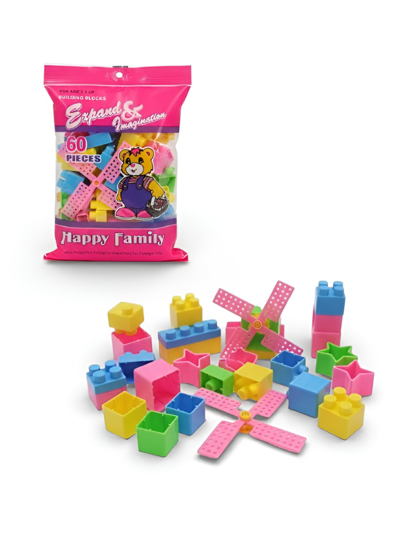 60-Piece Kids' Building Blocks Set in Pink Carry Bag – Educational STEM Toy for Ages 3+, Colorful Toddler Bricks – Expand & Imagination "Happy Family" Series LMI6904