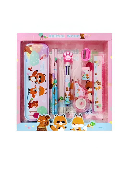 Animal World Stationery Set for Kids | Cute Fox & Raccoon Themed Back to School Kit | Pencil Case & Supplies Gift NOVGBT-8462.