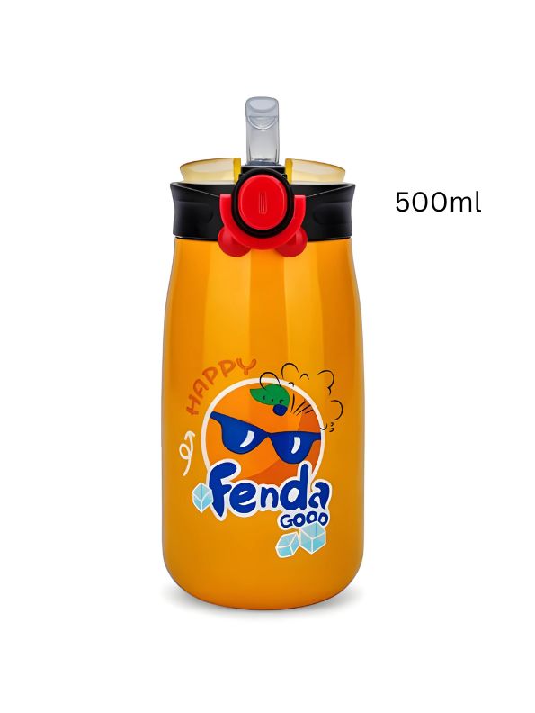 Orange - AquaBuddies – 500ml Cold Drink Water Bottle for Kids | Cute Print Straw Sipper | Leak-Proof & BPA-Free NOV3554.