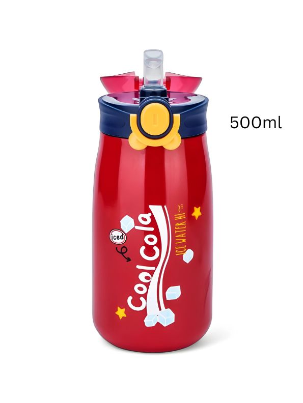 Red - AquaBuddies – 500ml Cold Drink Water Bottle for Kids | Cute Print Straw Sipper | Leak-Proof & BPA-Free NOV3554.