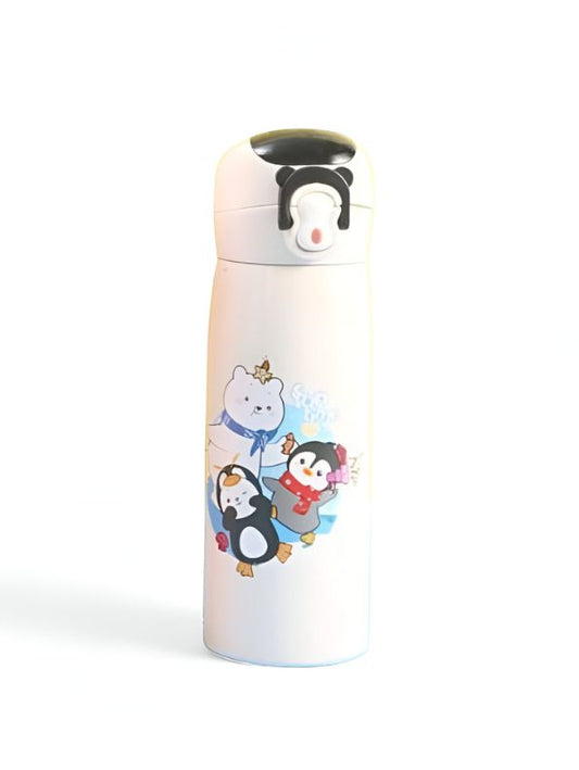 White - AquaJoy Stainless Steel Water Bottle for Kids – 450ml Cute Printed Push Button Sipper | Leak-Proof & BPA-Free | Ideal for School & Outdoor Use NOV8421.