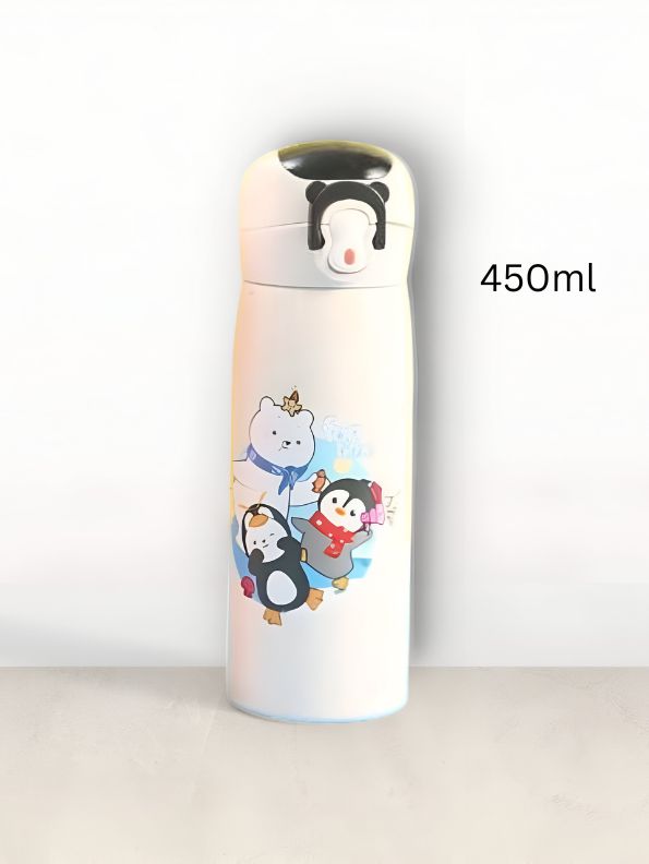 White - AquaJoy Stainless Steel Water Bottle for Kids – 450ml Cute Printed Push Button Sipper | Leak-Proof & BPA-Free | Ideal for School & Outdoor Use NOV8421.